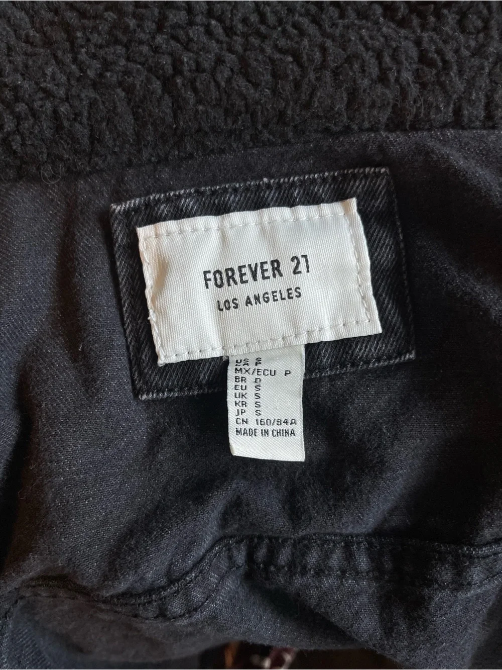 Forever 21 Black Washed Denim Sherpa Lined Longline Trucker Jacket Size S Grunge